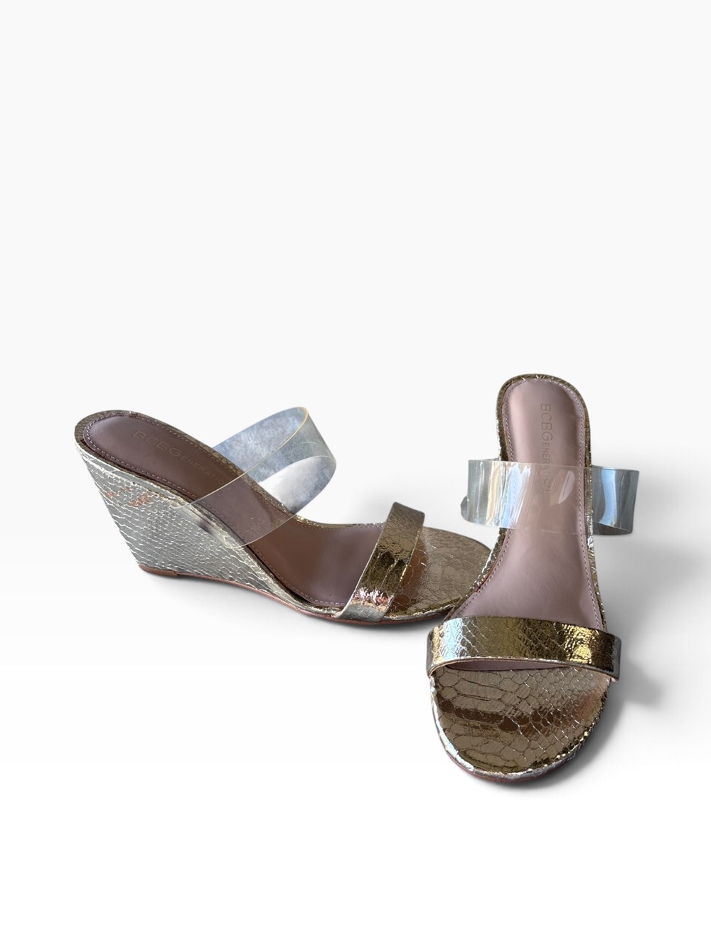 BCBGeneration Pina Clear & Gold Metallic Snake Wedge Sandals - Size 7.5M